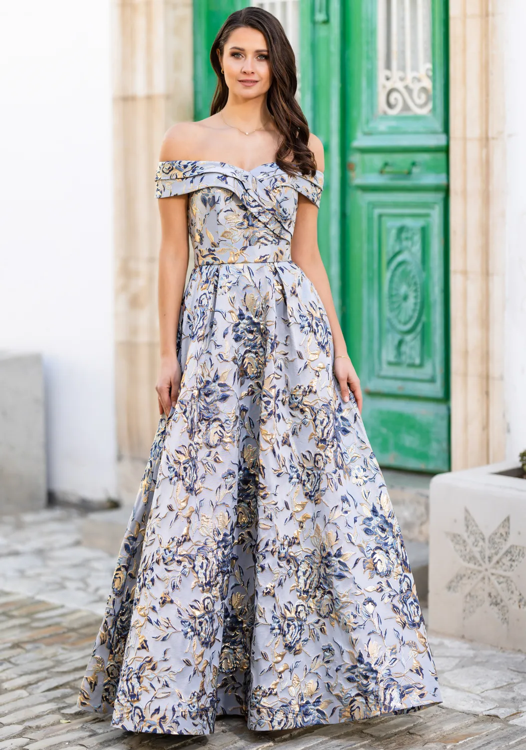 Princesa La Princessa CK0851 brokadekjole blue/gold – off shoulder
