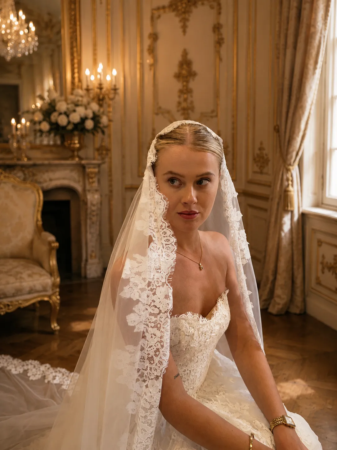 Panayotis Mantilla brudeslør 110 cm med blondekant