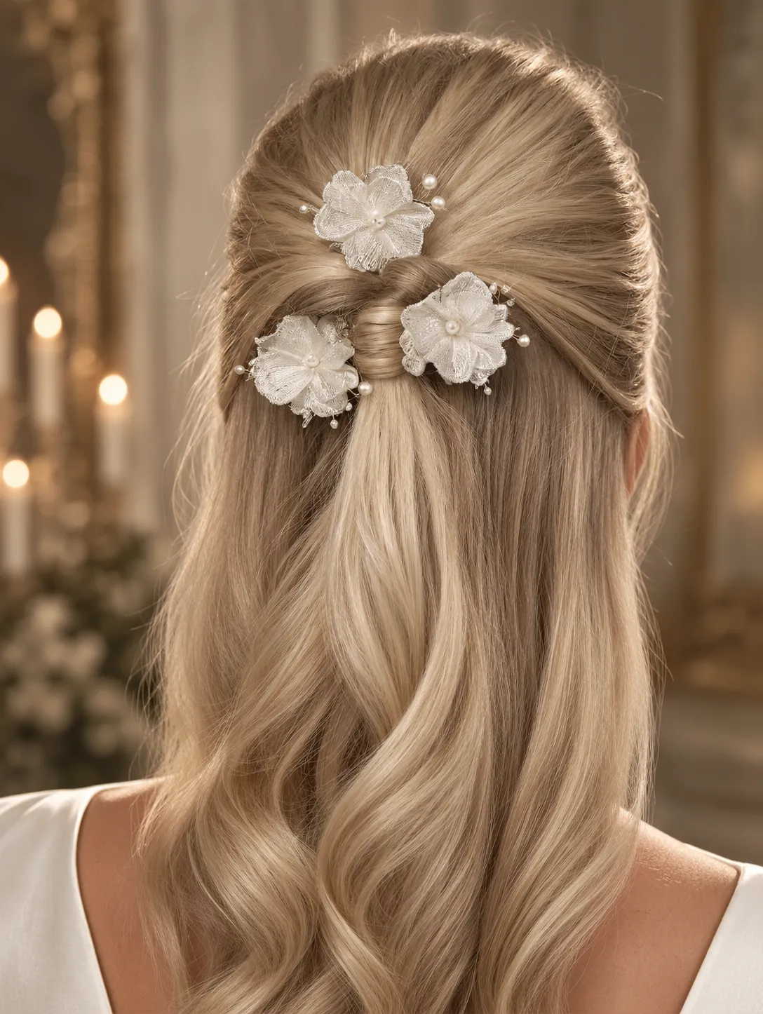 Panayotis BLOSSOM hårnåle med perler 3 stk. ivory blomster guld