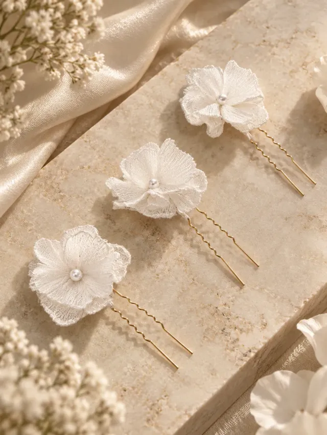 Panayotis BLOSSOM hårnåle med perler 3 stk. ivory blomster guld